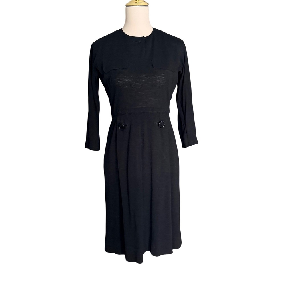 Vintage Troy Figure Hannah Troy Black Wool Knit Midi Dress 3/4 Sleeve Button Sm